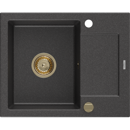 Mexen Enzo Granitspüle 1-Becken mit Abtropffläche 576 x 465 mm, schwarz gesprenkelt, goldener Siphon - 6506571005-76-G
