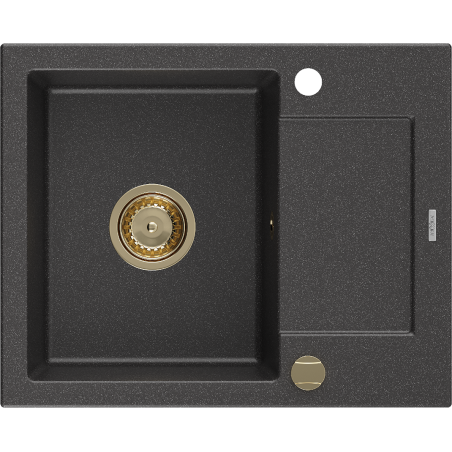 Mexen Enzo granitspüle 1-beckig mit Abtropffläche 576 x 465 mm, schwarz gesprenkelt, Siphon goldfarben - 6506571005-76-G