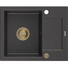 Mexen Enzo granitspüle 1-beckig mit Abtropffläche 576 x 465 mm, schwarz gesprenkelt, Siphon goldfarben - 6506571005-76-G