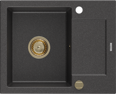 Mexen Enzo Granitspüle 1-beckig mit Abtropffläche 576 x 465 mm, schwarz gesprenkelt, goldener Siphon - 6506571005-76-G