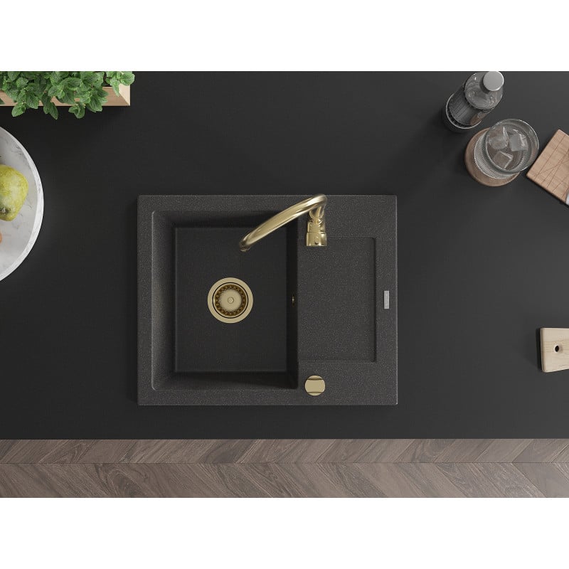 Mexen Enzo Granitspüle 1-Becken mit Abtropffläche 576 x 465 mm, schwarz gesprenkelt, goldener Siphon - 6506571005-76-G