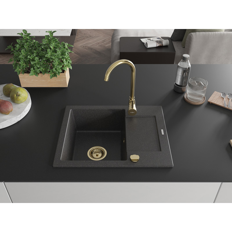 Mexen Enzo granitspüle 1-beckig mit Abtropffläche 576 x 465 mm, schwarz gesprenkelt, Siphon goldfarben - 6506571005-76-G