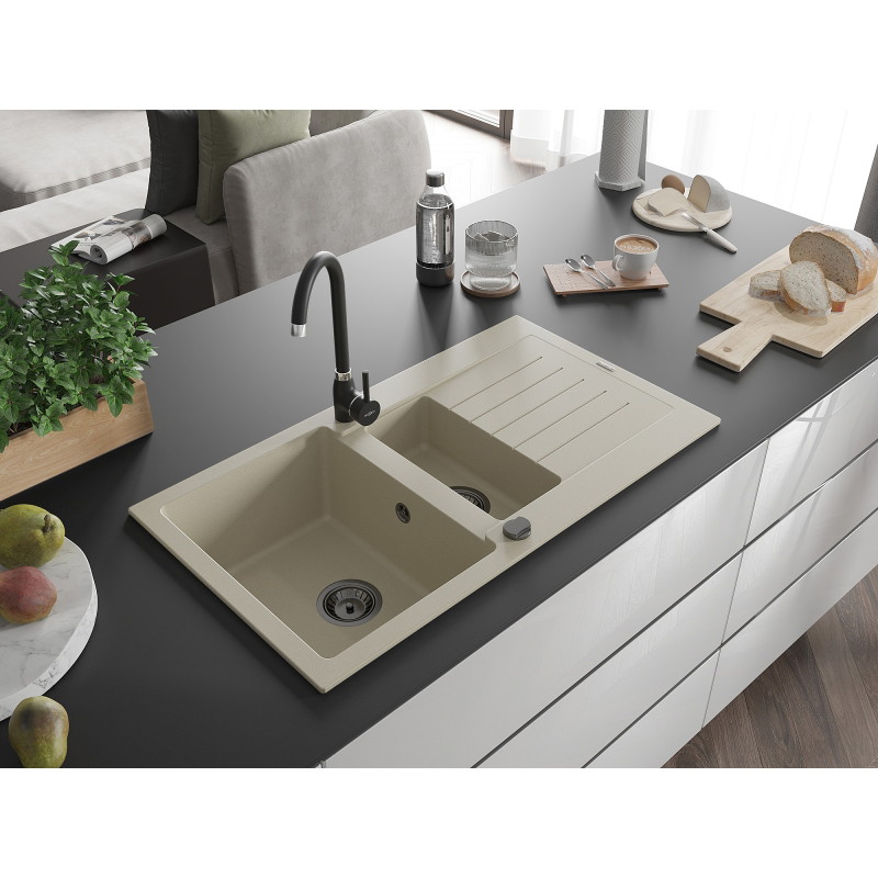 Mexen Matias 1,5-Kammer-GranitsSpüle mit Abtropfbrett 900 x 505 mm, beige, schwarzer Siphon - 6502901505-69-B