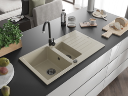 Mexen Matias Granitspüle 1,5-Becken mit Abtropffläche 900 x 505 mm, beige, schwarzer Siphon - 6502901505-69-B