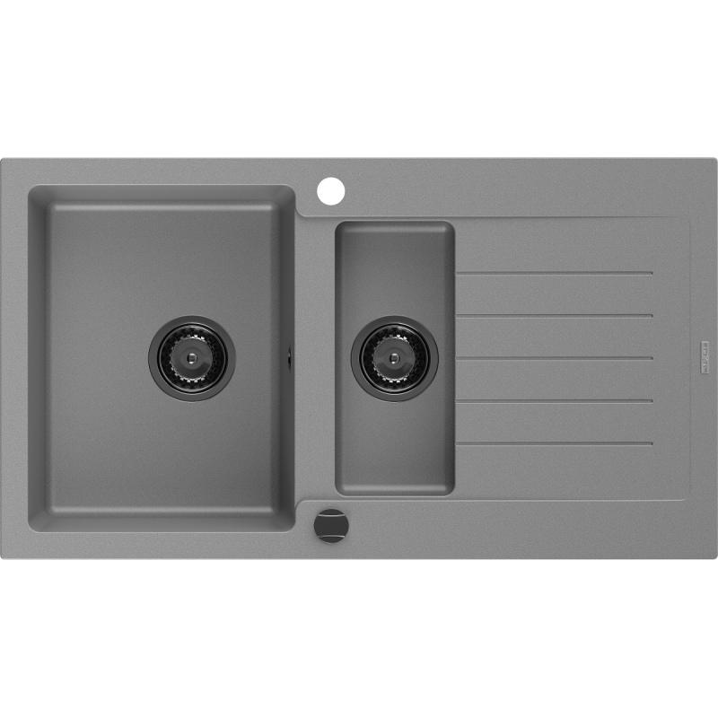 Mexen Matias 1,5-Kammer-Granitzwischenbecken mit Tropfbereich 900 x 505 mm, grau, schwarzer Siphon - 6502901505-71-B