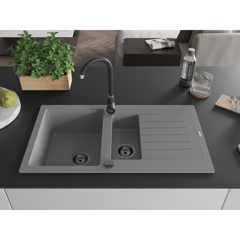 Mexen Matias 1,5-Kammer-Granitzwischenbecken mit Tropfbereich 900 x 505 mm, grau, schwarzer Siphon - 6502901505-71-B