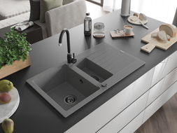 Mexen Matias Granitspüle 1,5-Becken mit Abtropffläche 900 x 505 mm, grau, schwarzer Siphon - 6502901505-71-B