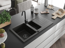 Mexen Matias Granitspüle 1,5-Becken mit Abtropffläche 900 x 505 mm, Schwarz/Gold Metallic, Schwarzer Siphon - 6502901505-75-B