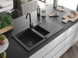Mexen Matias Granitspüle 1,5-beckig mit Abtropffläche 900 x 505 mm, schwarz gesprenkelt, schwarzer Siphon - 6502901505-76-B