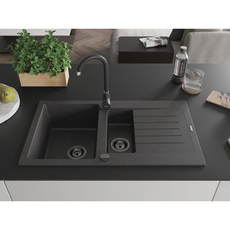 Mexen Matias Granitspüle 1,5-beckig mit Abtropffläche 900 x 505 mm, schwarz gesprenkelt, schwarzer Siphon - 6502901505-76-B