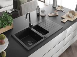 Mexen Matias 1,5-Becken-Granitspüle mit Abtropffläche 900 x 505 mm, Schwarz, Siphon Schwarz - 6502901505-77-B