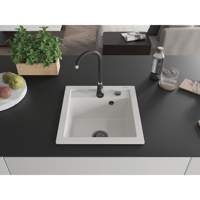 Mexen Vito Granitspüle 1-Becken 520 x 490 mm, weiß, schwarzer Siphon - 6503521000-20-B