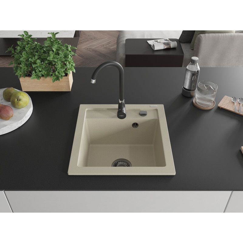 Mexen Vito Granitspüle 1-beckig 520 x 490 mm, beige, schwarzer Siphon - 6503521000-69-B