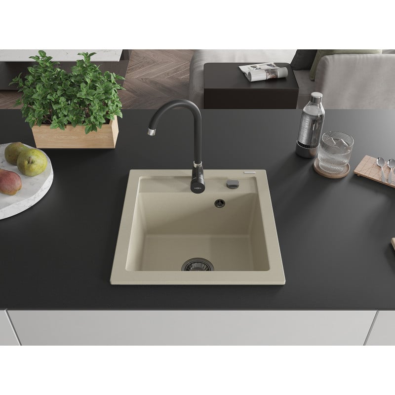 Mexen Vito Granitspüle ein Becken 520 x 490 mm, beige, Siphon schwarz - 6503521000-69-B