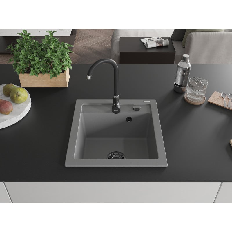 Mexen Vito Granitspüle 1-becken 520 x 490 mm, grau, schwarzer Siphon - 6503521000-71-B