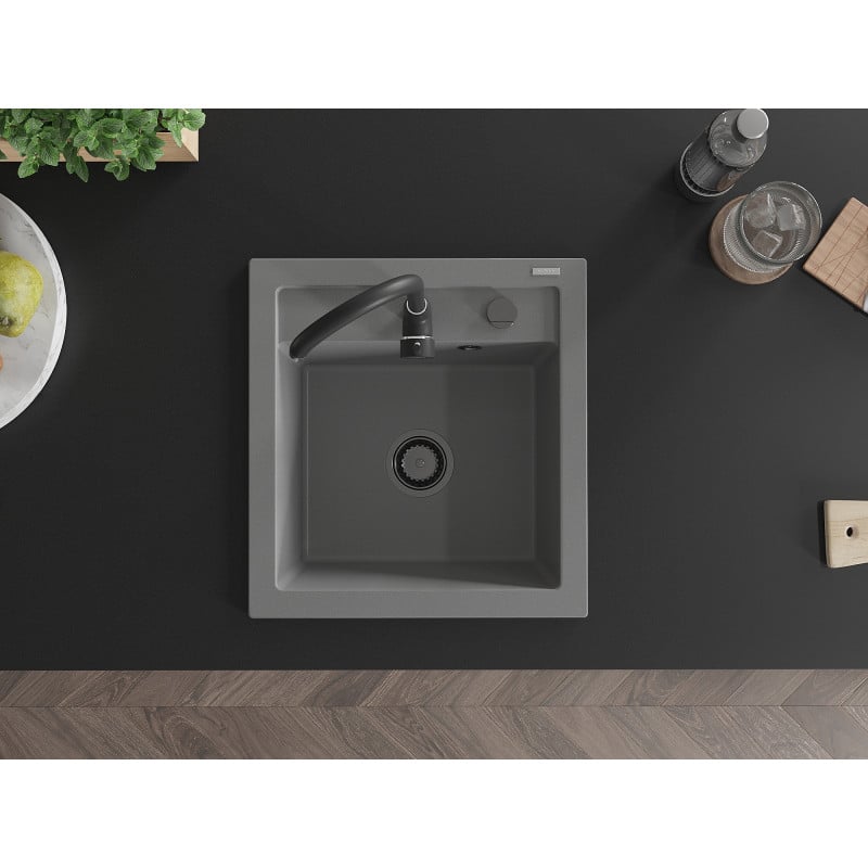Mexen Vito Granitspüle 1-becken 520 x 490 mm, grau, schwarzer Siphon - 6503521000-71-B