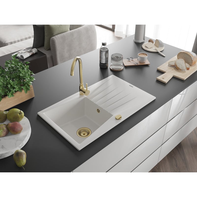 Mexen Cesar Granitspüle 1-Becken mit Abtropffläche 775 x 470 mm, weiß, goldener Siphon - 6514771010-20-G