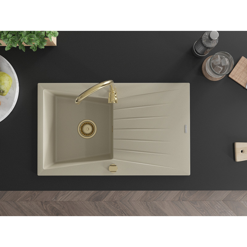 Mexen Cesar Granitspüle 1-Becken mit Abtropffläche 775 x 470 mm, beige, goldener Siphon - 6514771010-69-G