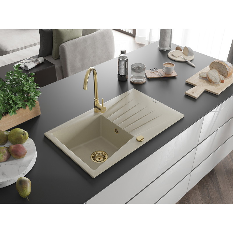 Mexen Cesar Granitspüle 1-beckig mit Abtropffläche 775 x 470 mm, beige, goldener Siphon - 6514771010-69-G