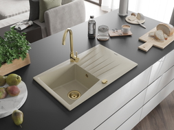 Mexen Cesar Granitspüle 1-Becken mit Abtropffläche 775 x 470 mm, beige, goldener Siphon - 6514771010-69-G