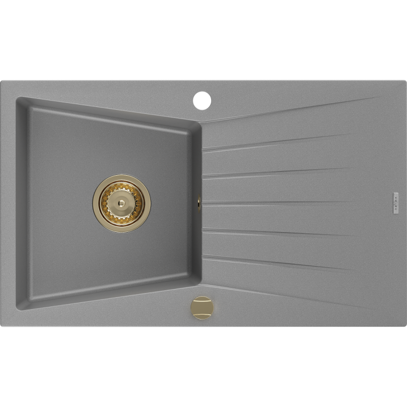 Mexen Cesar Granitspüle 1-Becken mit Abtropffläche 775 x 470 mm, grau, goldener Siphon - 6514771010-71-G