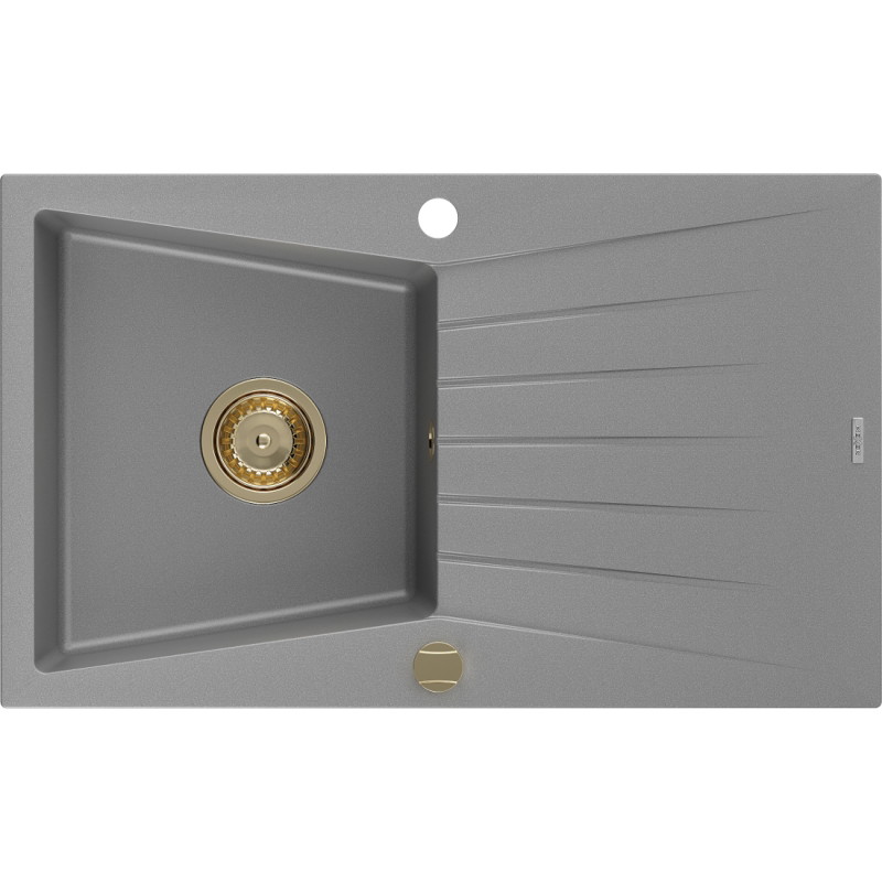 Mexen Cesar Granitspüle ein Becken mit Abtropffläche 775 x 470 mm, grau, goldener Siphon - 6514771010-71-G