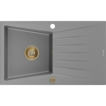 Mexen Cesar Granitspüle 1-Becken mit Abtropffläche 775 x 470 mm, grau, goldener Siphon - 6514771010-71-G