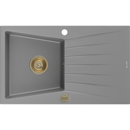 Mexen Cesar Granitspüle 1-beckig mit Abtropffläche 775 x 470 mm, Grau, Goldener Siphon - 6514771010-71-G