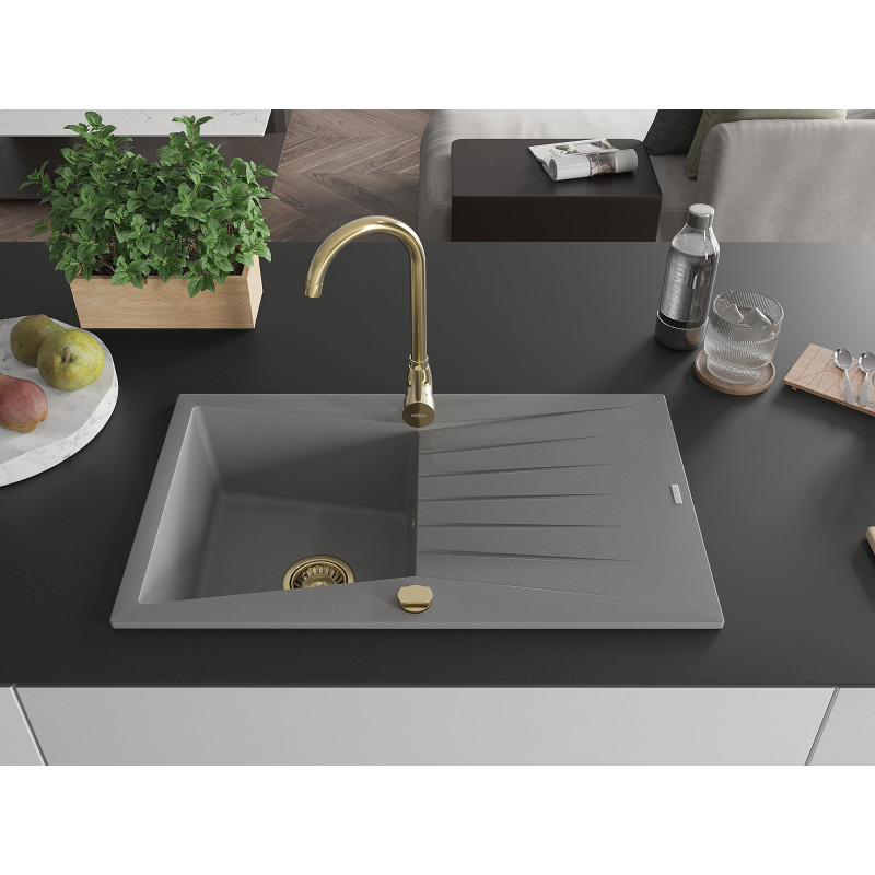 Mexen Cesar Granitspüle 1-Becken mit Abtropffläche 775 x 470 mm, grau, goldener Siphon - 6514771010-71-G