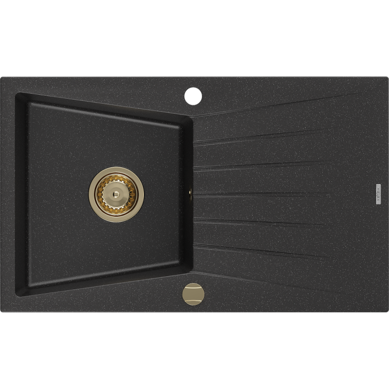 Mexen Cesar Granitspüle 1-Becken mit Abtropffläche 775 x 470 mm, schwarz/silber metallic, goldener Siphon - 6514771010-73-G