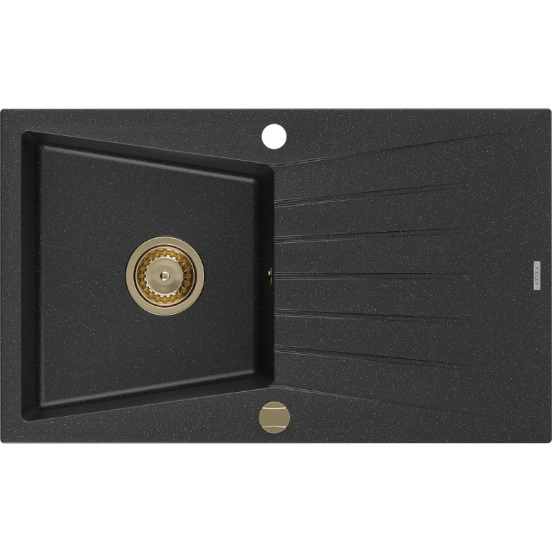 Mexen Cesar Granitspüle 1-Becken mit Abtropffläche 775 x 470 mm, schwarz/silber metallic, Siphon gold - 6514771010-73-G