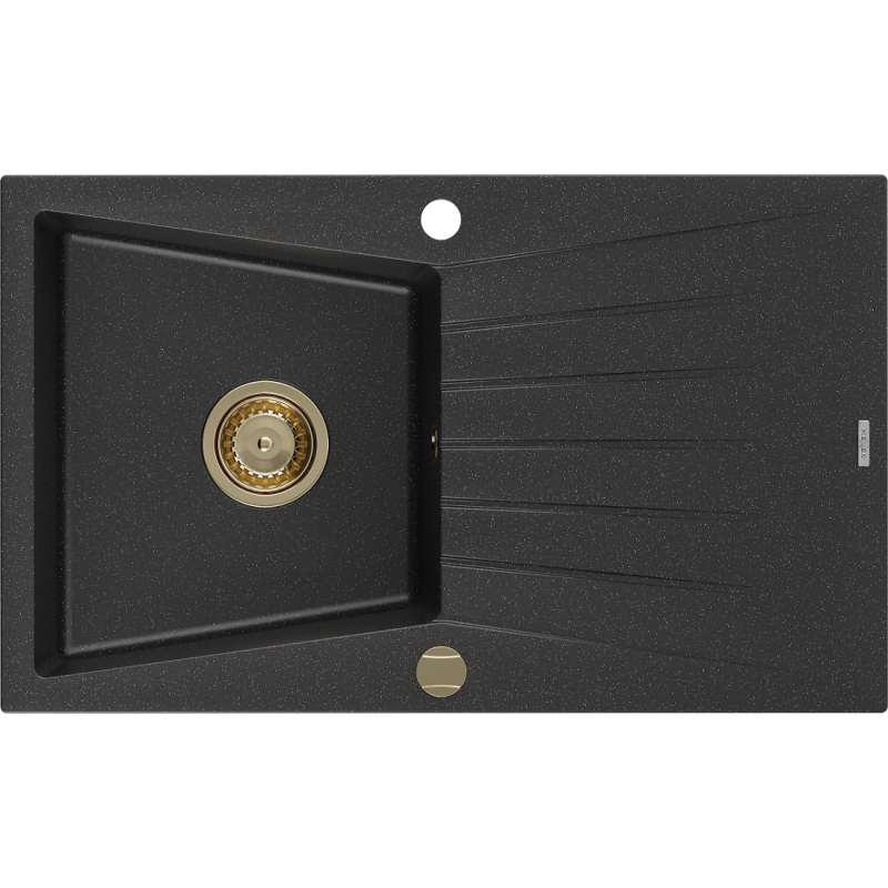Mexen Cesar Granitspüle 1-beckig mit Abtropffläche 775 x 470 mm, schwarz/silber metallic, goldener Siphon - 6514771010-73-G