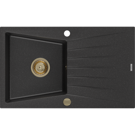 Mexen Cesar Granitspüle 1-Becken mit Abtropffläche 775 x 470 mm, schwarz/silber metallic, goldener Siphon - 6514771010-73-G