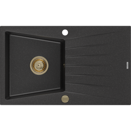 Mexen Cesar Granitspüle 1-beckig mit Abtropffläche 775 x 470 mm, schwarz/silber metallic, goldener Siphon - 6514771010-73-G