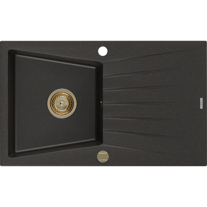 Mexen Cesar Granitspüle 1-Becken mit Abtropffläche 775 x 470 mm, Schwarz/Gold-Metallic, Siphon Gold - 6514771010-75-G