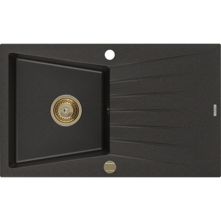 Mexen Cesar Granitspüle 1-beckig mit Abtropffläche 775 x 470 mm, schwarz/gold Metallic, Siphon gold - 6514771010-75-G