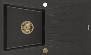 Mexen Cesar Granitspüle 1-Becken mit Abtropffläche 775 x 470 mm, schwarz/gold metallic, goldener Siphon - 6514771010-75-G