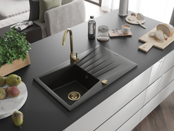 Mexen Cesar Granitspüle 1-Becken mit Abtropffläche 775 x 470 mm, schwarz/gold metallic, goldener Siphon - 6514771010-75-G