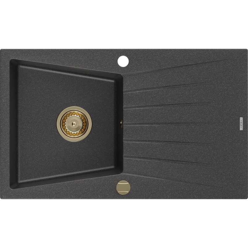 Mexen Cesar 1-Schüssel Granitspüle mit Abtropffläche 775 x 470 mm, schwarz gesprenkelt, goldener Siphon - 6514771010-76-G