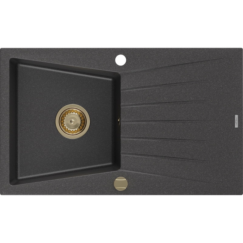 Mexen Cesar Granitspüle 1-beckig mit Abtropffläche 775 x 470 mm, schwarz gesprenkelt, goldener Siphon - 6514771010-76-G