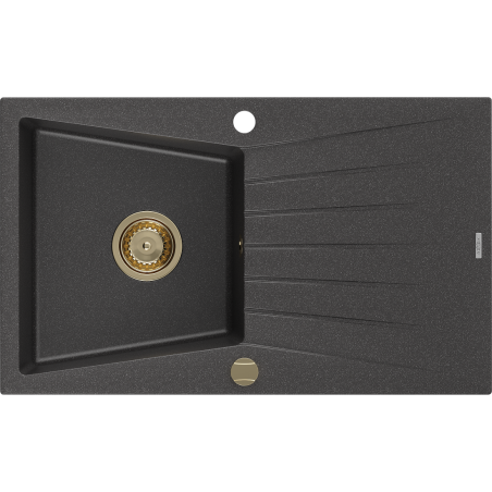 Mexen Cesar 1-Schüssel Granitspüle mit Abtropffläche 775 x 470 mm, schwarz gesprenkelt, goldener Siphon - 6514771010-76-G