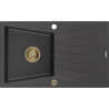 Mexen Cesar 1-Schüssel Granitspüle mit Abtropffläche 775 x 470 mm, schwarz gesprenkelt, goldener Siphon - 6514771010-76-G