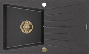 Mexen Cesar Granitspüle 1-Becken mit Abtropffläche 775 x 470 mm, schwarz gesprenkelt, goldener Siphon - 6514771010-76-G