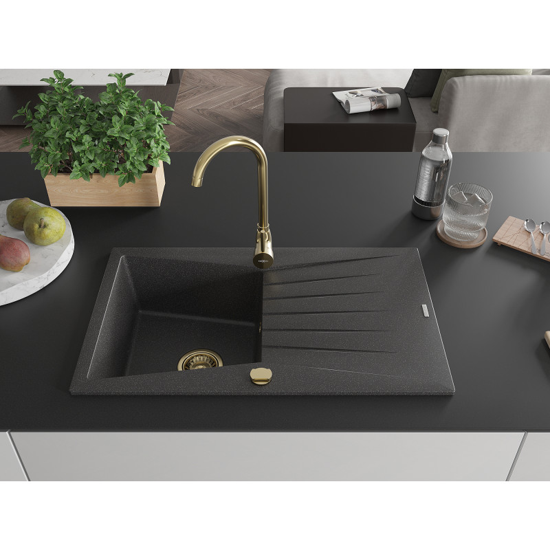 Mexen Cesar Granitspüle 1-Becken mit Abtropffläche 775 x 470 mm, schwarz gesprenkelt, goldener Siphon - 6514771010-76-G