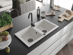 Mexen Mario Granitspüle 2-Kammer 820 x 436 mm, weiß, Siphon schwarz - 6504822000-20-B