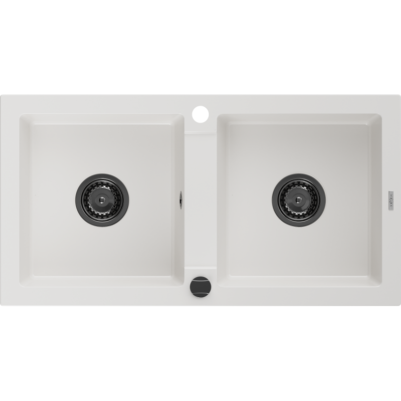 Mexen Mario granitspüle 2-kammer 820 x 436 mm, weiß, schwarzer siphon - 6504822000-20-B
