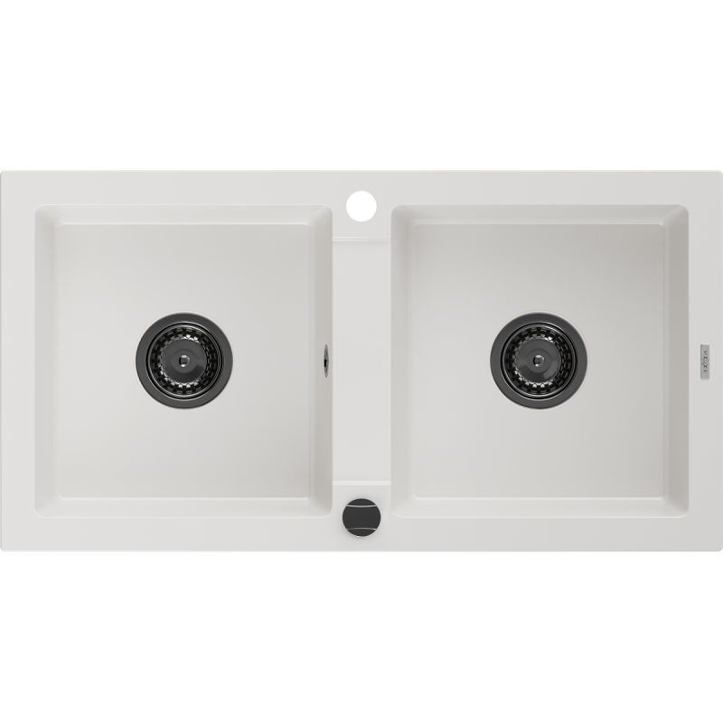 Mexen Mario Granitspüle 2-Kammer 820 x 436 mm, weiß, Siphon schwarz - 6504822000-20-B