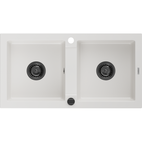 Mexen Mario granitspüle 2-kammer 820 x 436 mm, weiß, schwarzer siphon - 6504822000-20-B