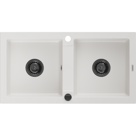 Mexen Mario Granitspüle 2-Kammer 820 x 436 mm, weiß, Siphon schwarz - 6504822000-20-B