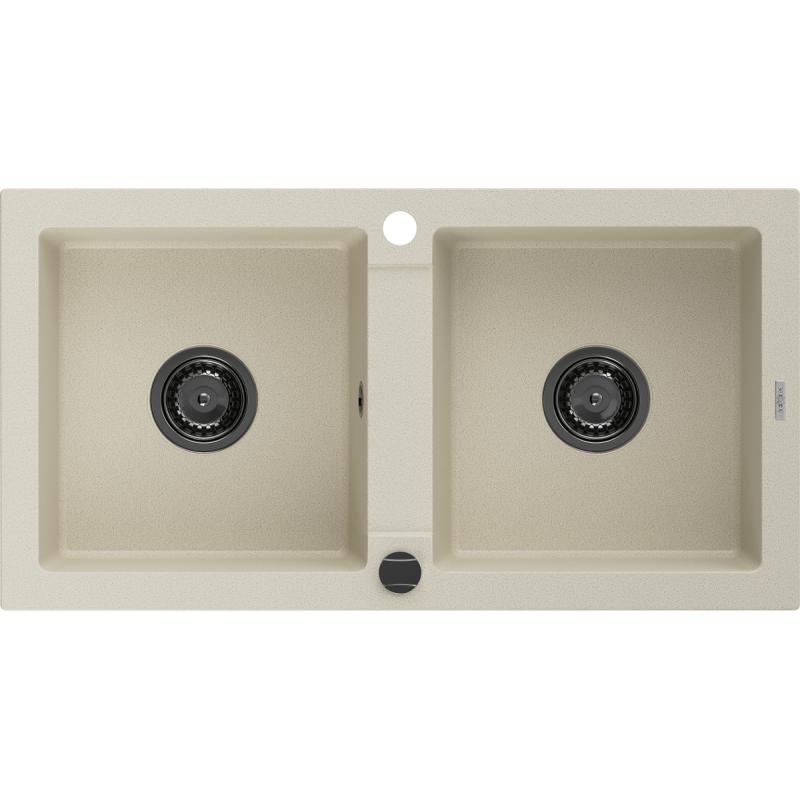 Mexen Mario Granitspüle 2-Becken 820 x 436 mm, beige, schwarzer Siphon - 6504822000-69-B